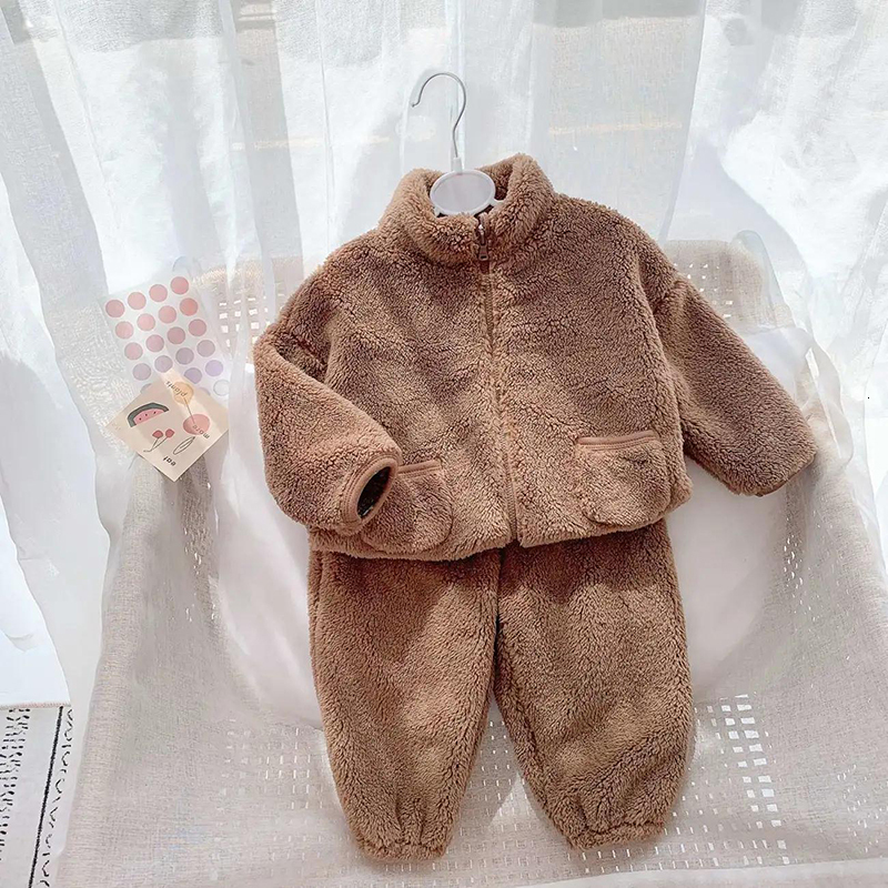 Clothing Sets Children's Suits Winter Baby Boys Girls Clothes Plus Velvet Thick Warm Home 2pcs Kids Zipper Top Coat Trousers Pajamas 230823