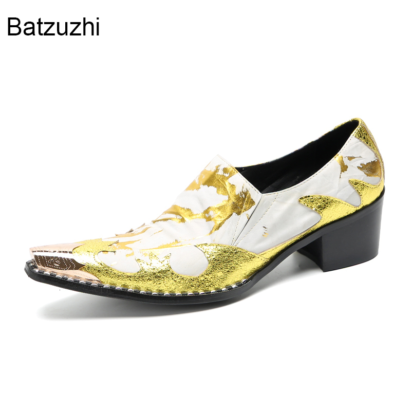 Dress Shoes Batzuzhi Italian Type Men's Shoes Gold Metal Toe Yellow Leather Dress Shoes Men Fashion Business Party and Wedding Shoes Male 230824