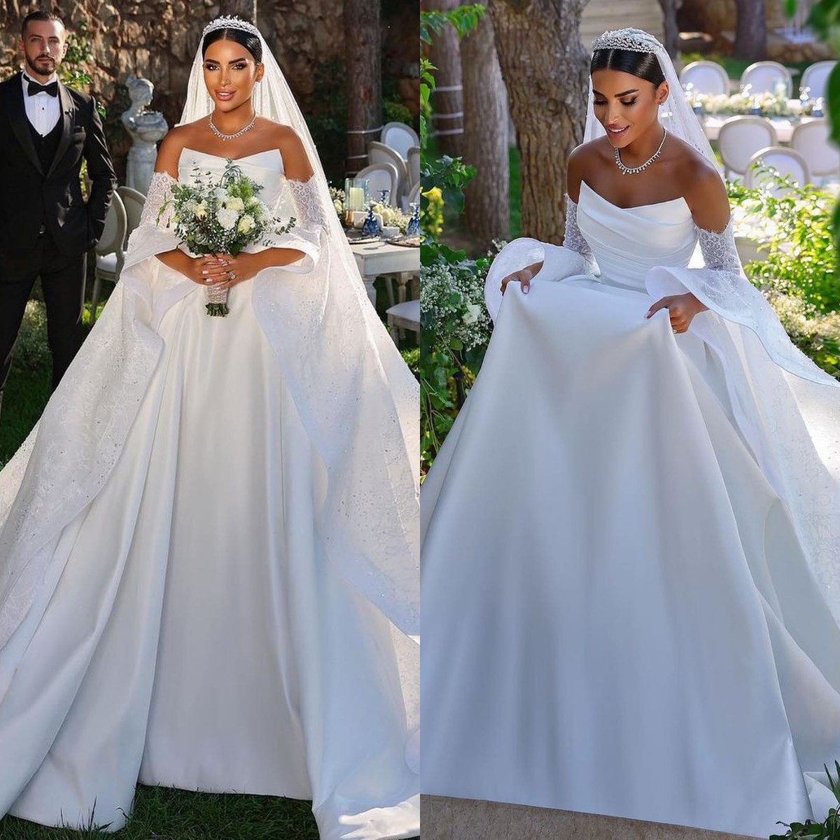 Elegant Strapless Lace Ball Gown Wedding Dress With Puff Sleeves