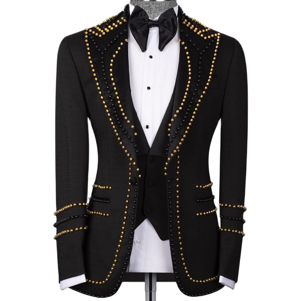 Wedding Men's Suits Design Gold Beads Peaked Lapel Tuxedos Formal Slim Fit Groom Wear 2 Pieces Jacket And Pants