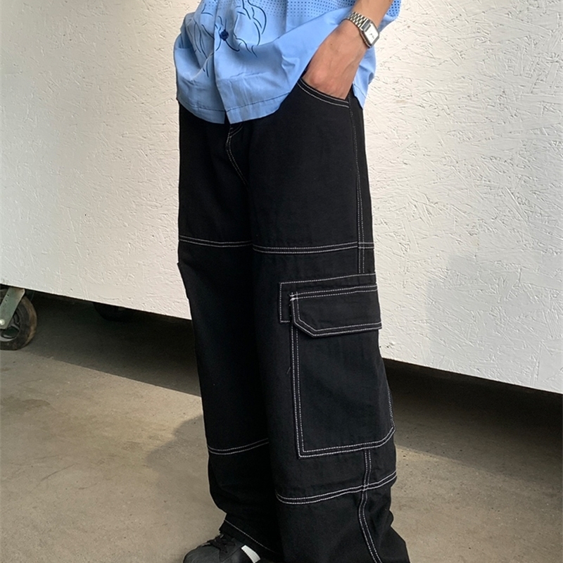Men s Jeans 2023 Black Multi Pocket Loose Wide Leg Men S Y2k Casual Fashion Cargo Pants Side Large Street Wear 230823