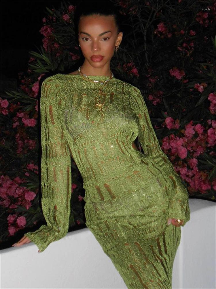 Casual Dresses Nadafair Corchet Knitted Hollow Out Women Long Dress Beach Holiday Sleeve Backless Summer Fall Y2K Elegant See Through