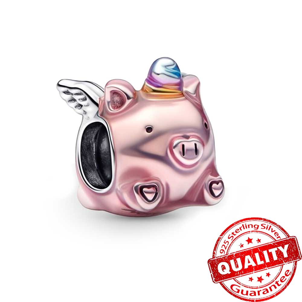 925 Silver Fit Charm New Pink Enamel Flying Pig Talisman Bead Dangle Fashion Charms Set Pendant DIY Fine Beads Jewelry