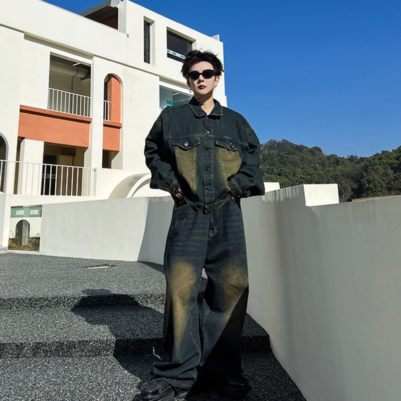 Men's Tracksuits NOTMEI In Matching Sets Spring Partial Wash Denim Jacket Wide Leg Pants Loose Personalized Allmatch WA861 230823