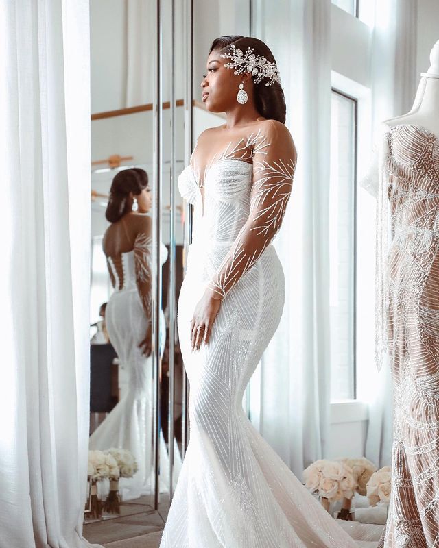 2023 Arabic Aso Ebi White Mermaid Wedding Dress Beaded Sequined Lace Sexy Stunning Bridal Gowns Dresses ZJ505