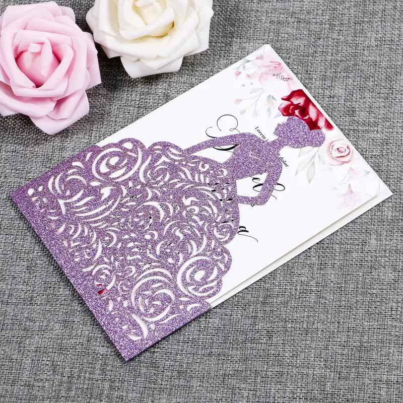 Gorgeous Laser Cut Light Purple Glitter Pretty Princess Invitations Cards For Birthday Cards Sweet Quinceanera Sweet 16th Engagement ZZ
