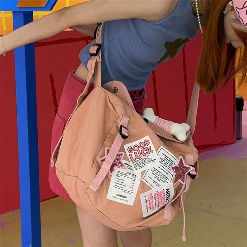 Evening Bags MBTI Y2k Vintage Womens Shoulder Bag Pink Canvas Letter Patchwork Messenger Bag Large Capacity Aesthetic Student Casual Handbag 230824