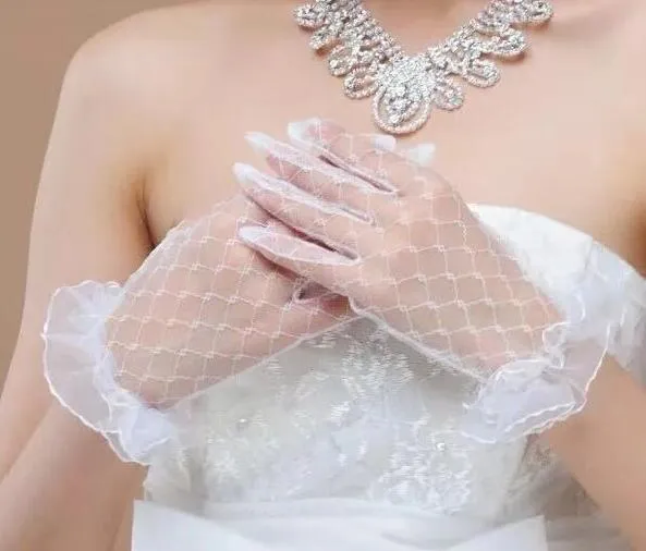 White Tulle Romantic Bridal Gloves Translucent Gauze Full Fingers Woman Gloves For Wedding Party With Pearls Summer Sun Protection ZZ
