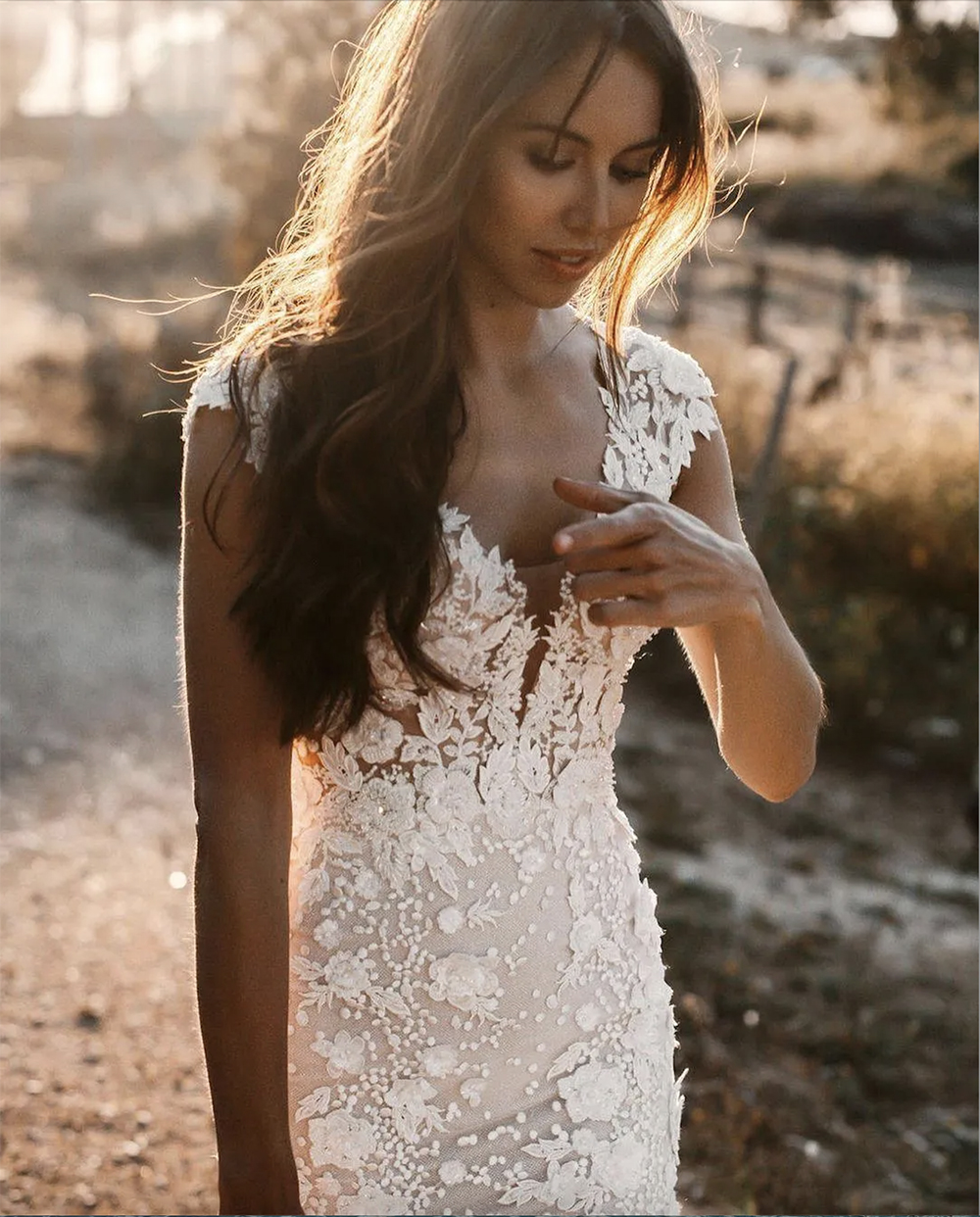 Beach boho Mermaid Wedding Dresses 2023 Lace Deep V-Neck Neckline Cap Sleeves Chapel Train Plus Size Bride Gown Vestidos De Novia 0509