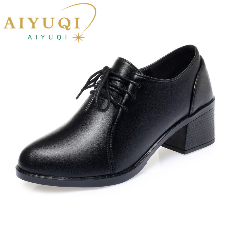 2025 new Dress Shoes AIYUQI Women Spring Relly Leather Large Size Nonslip Thick Heel Soft Bottom Laceup Single Ladies shoes 230823