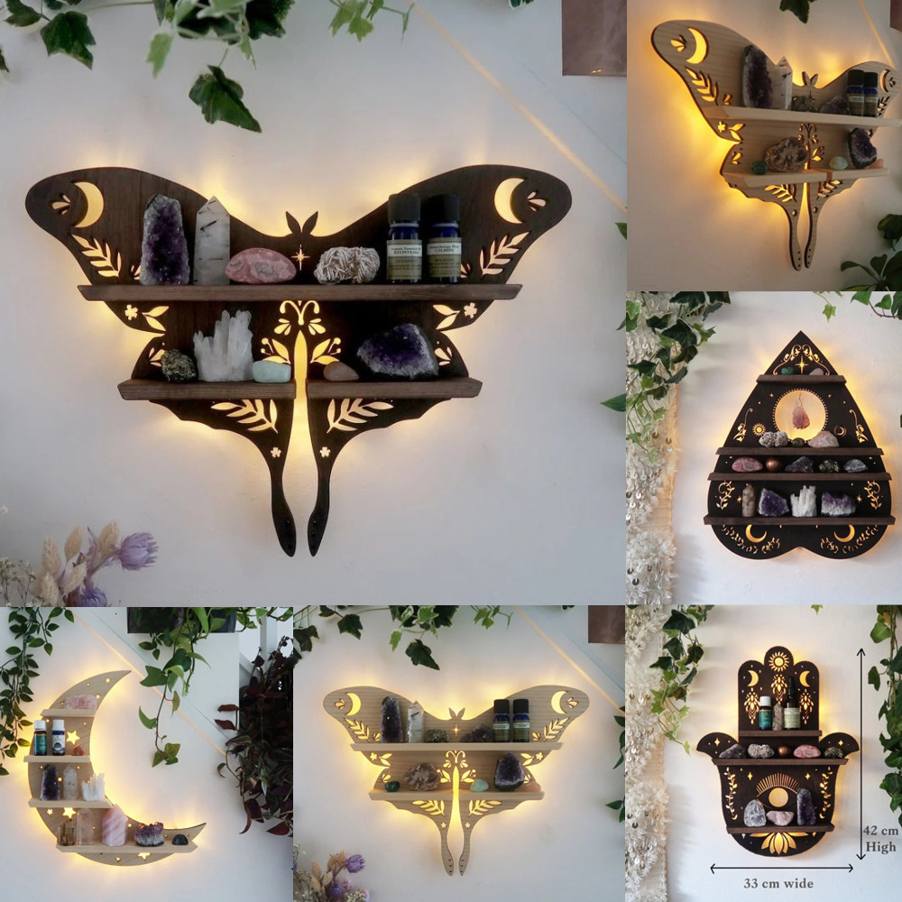 Other Home Garden Moon Butterfly Wooden Shelf Crystal Essential Oil Storage Rack Wall Display Decor Hanging Jewelry Organizer 230824