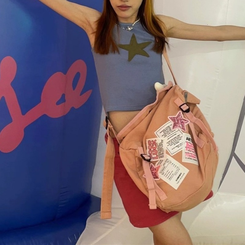 Evening Bags MBTI Y2k Vintage Womens Shoulder Bag Pink Canvas Letter Patchwork Messenger Bag Large Capacity Aesthetic Student Casual Handbag 230824