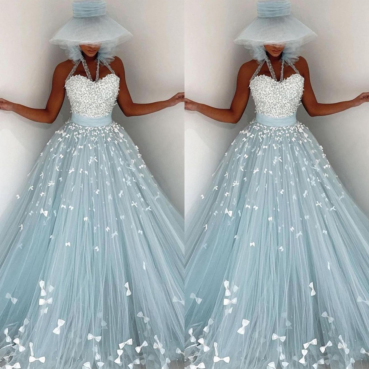 Light Blue Mermaid Evening Dresses Butterfly Appliques Sequin Pleat Prom Gowns Sexy Halter Ladies vestido de novia