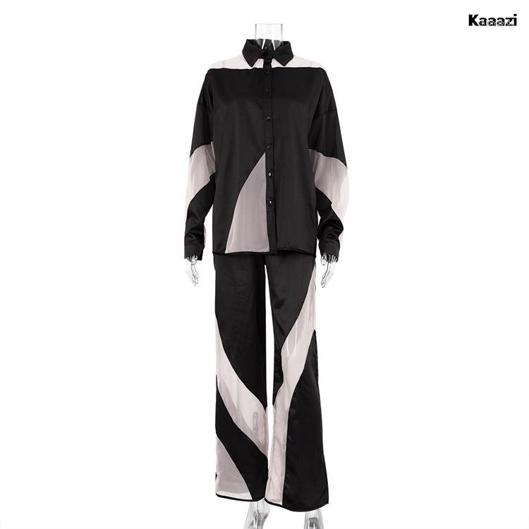 Womens Two Piece Pants Long Sleeve Patchwork See Through Loose Satin Blouse Suit Turn-down Collar Office Lady Shirt Set