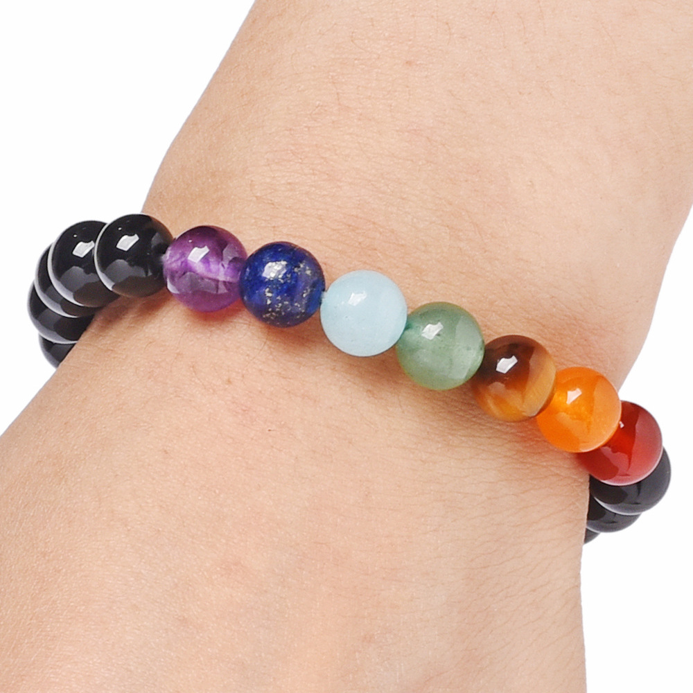 8mm Bright Black Natural Stone Tiger Eye Agate Amethyst 7 Chakra Bracelet For Women Men Couple Jewelry
