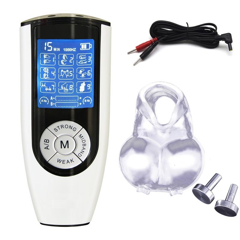 Adult Toys BDSM Electro Shock Scrotum Ring Sex Ball Stretcher Chastity Electric Cock Cage Device Penis Stimulator Sleeve Male Toy 230824
