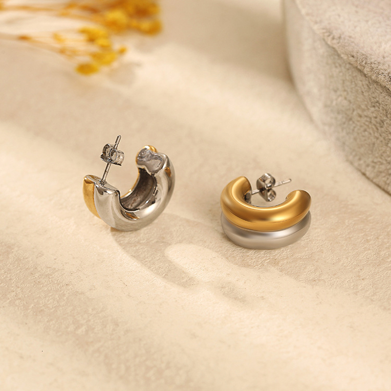 Stud Minimalist Gold Silver Plated Mix Color Stainless Steel Earrings for Women Double Layer C Shaped Small Hoop Jewelry 230823