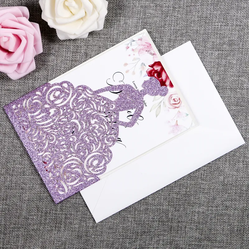 Gorgeous Laser Cut Light Purple Glitter Pretty Princess Invitations Cards For Birthday Cards Sweet Quinceanera Sweet 16th Engagement ZZ