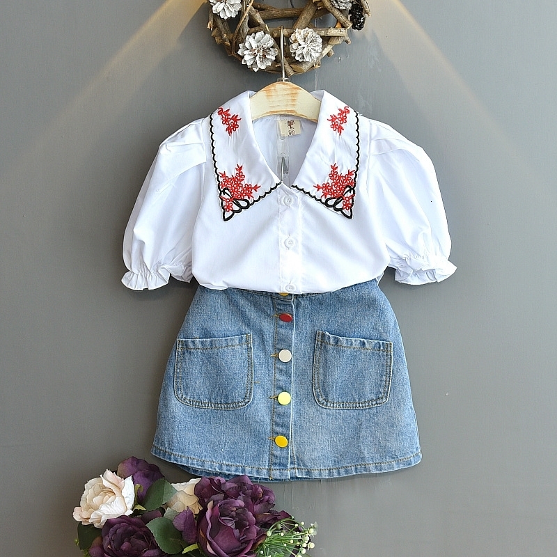 Clothing Sets Arrival Girls Fashion Suit Short Sleeve Top Denim Skirt 2 Piece Set Children's Wear Apparel 230823