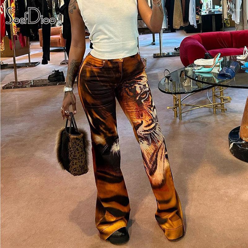 Women's Pants Soefdioo Tiger Prints Flare Women Hipster Fashion High Waist Skinny Shaping Trousers Summer 2023 Female Bottoms Streetwear