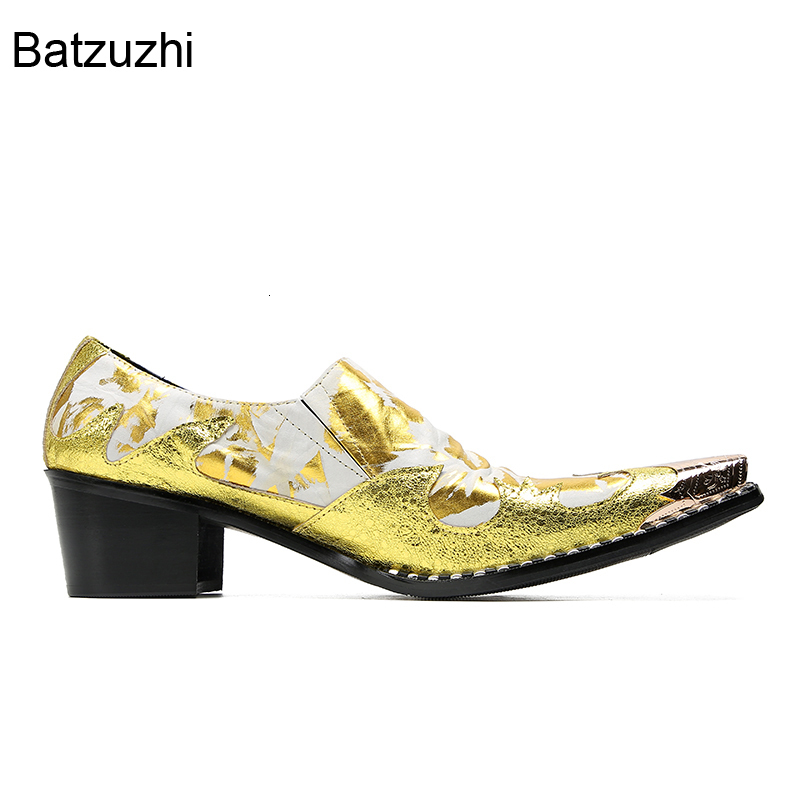 Dress Shoes Batzuzhi Italian Type Men's Shoes Gold Metal Toe Yellow Leather Dress Shoes Men Fashion Business Party and Wedding Shoes Male 230824