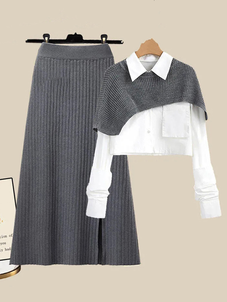 Two Piece Dress Spring Autumn Large Size Women s Shawl Shirt Three piece Set High Waist Knitting Half body Skirt Set Women Fashion 3 230823