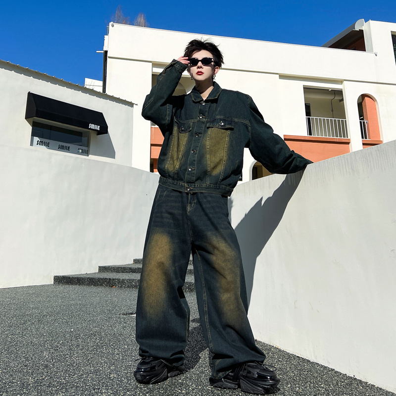 Men's Tracksuits NOTMEI In Matching Sets Spring Partial Wash Denim Jacket Wide Leg Pants Loose Personalized Allmatch WA861 230823