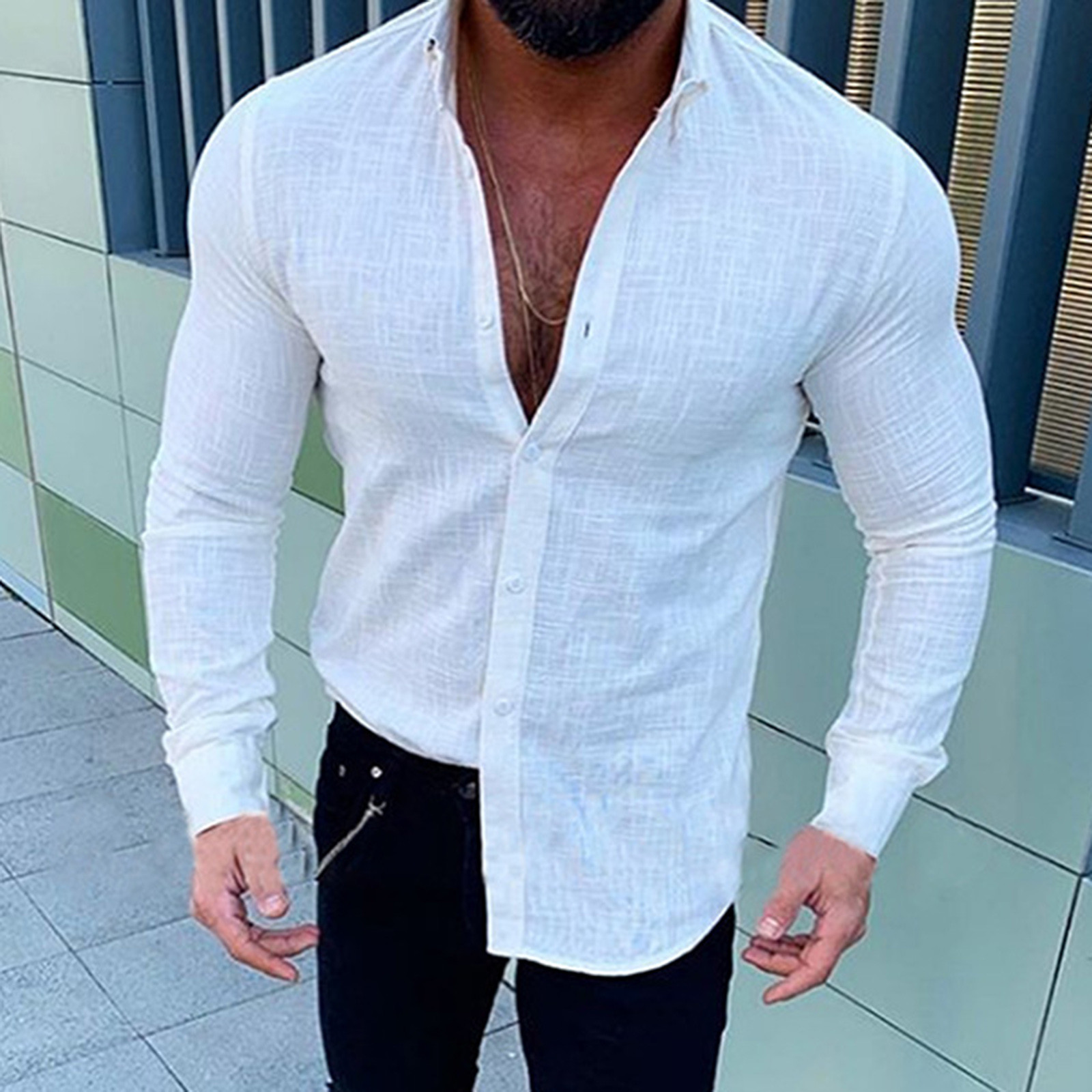 Men's Dress Shirts Linen Cotton Solid Shirt Men's Long Sleeved Spring Summer Breathable Shirt Blouse Casual Pullover Single-breasted Mens To