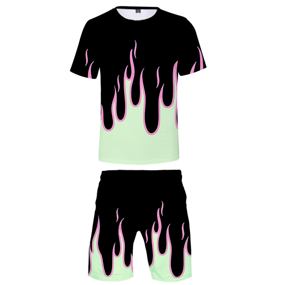 Men's Tracksuits Summer Red and yellow flame 3D Shorts Tshirt set Menwomen Casual Hip Hop Harajuku Creative t shirt 230823