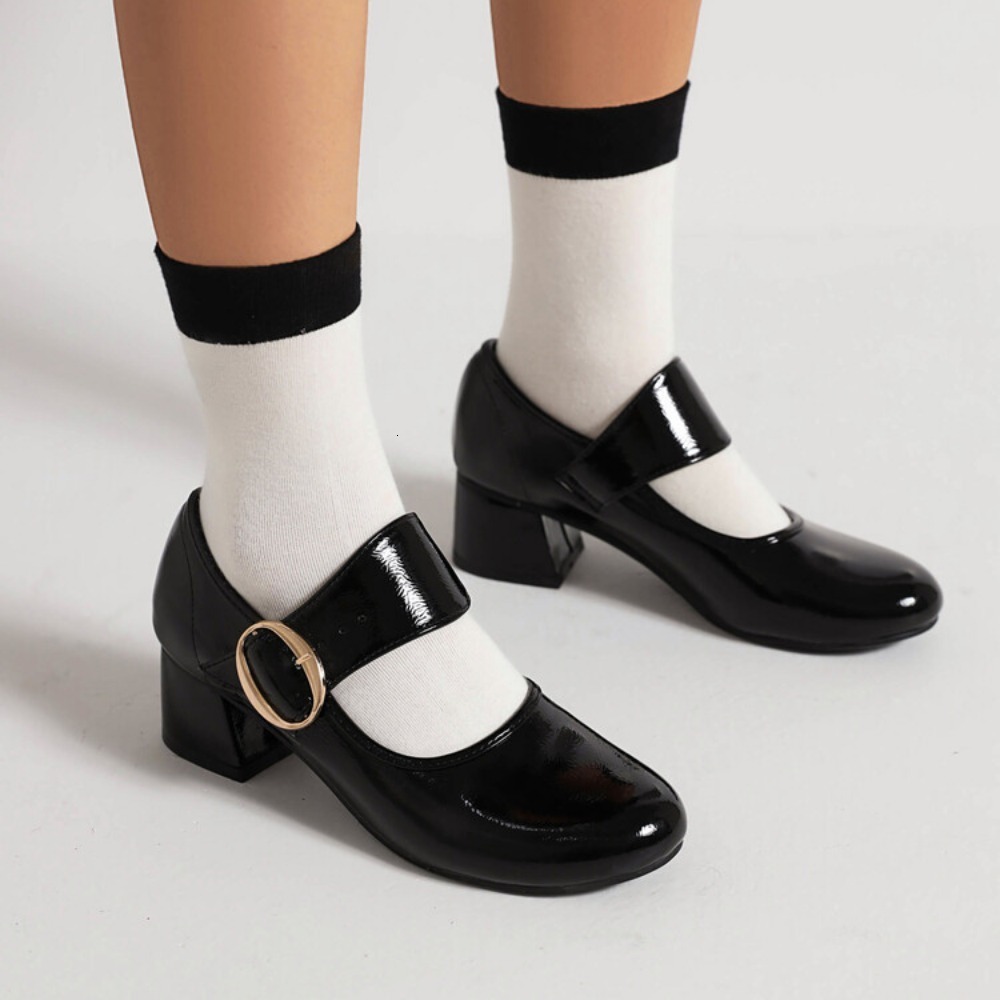 2025 new Dress Shoe Shoes Round Toe Classic Mary Jane Straight Buckle Women's Thick Heeled Mid 230823