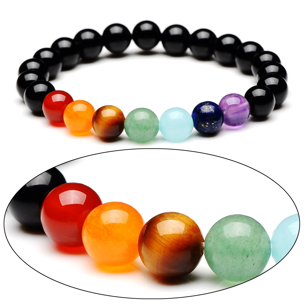 8mm Bright Black Natural Stone Tiger Eye Agate Amethyst 7 Chakra Bracelet For Women Men Couple Jewelry