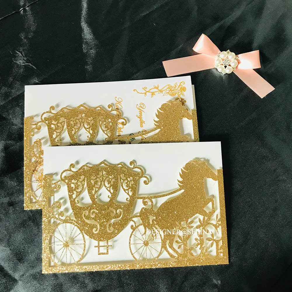 2020 Rose Gold Glitter Laser Cut Invitation Cards With Gold Ribbons For Wedding Bridal Shower Engagement Birthday Graduation InvitesZZ