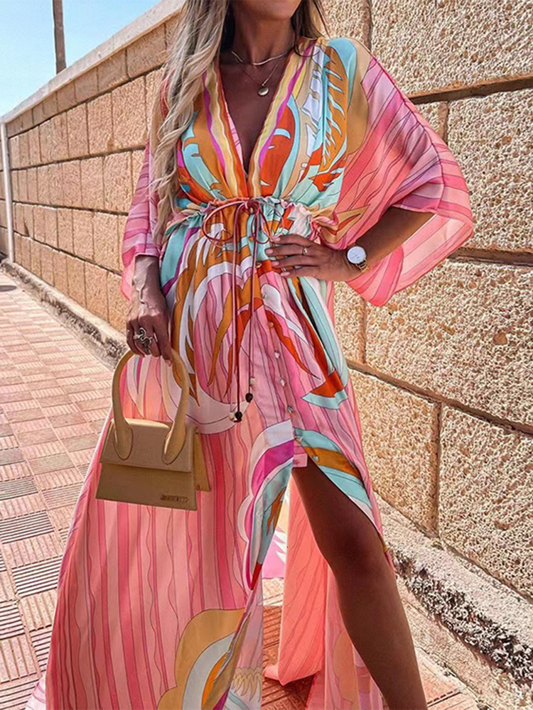 Basic Casual Dresses Summer Print Casual Women Dresses Oversized Holiday Beach Dress Boho Long CoverUp Dress Female Long Sleeve Loose Tunic Dress 2308