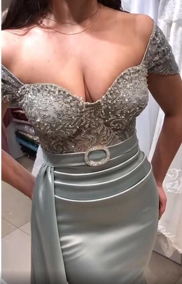 2023 Sexy Mermaid Prom Dresses Off Shoulder Illusion Sweetheart Illusion Silver Crystal Beading Gray Party Evening Gowns Sweep Train Cap Sleeves Belt