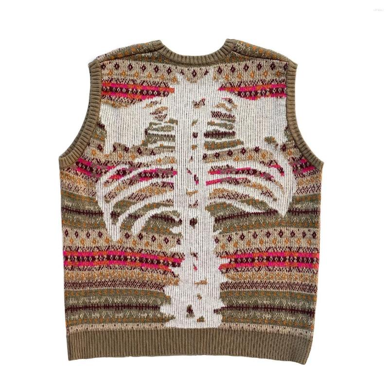 Men's Vests Kapital Vintage Non Hirata Hiroshi Japan Bone Skeleton Printed Ethnic Flower Stripe Knitted Sweater Vest Loose Wool Blended