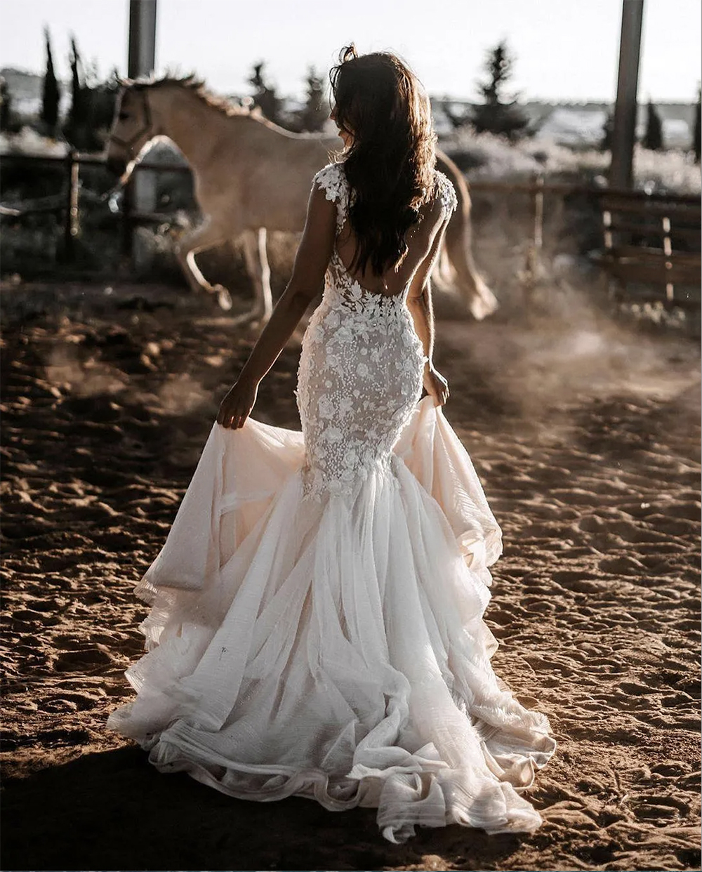 Beach boho Mermaid Wedding Dresses 2023 Lace Deep V-Neck Neckline Cap Sleeves Chapel Train Plus Size Bride Gown Vestidos De Novia 0509