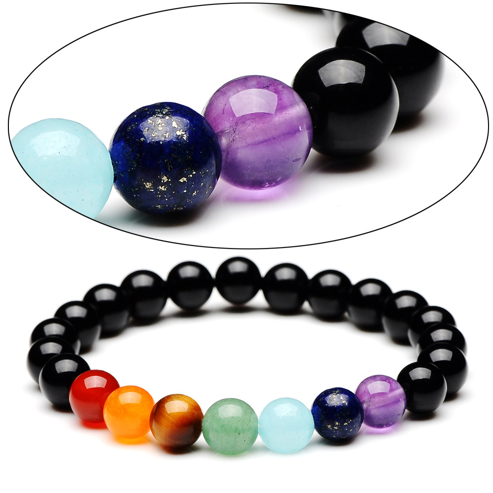 8mm Bright Black Natural Stone Tiger Eye Agate Amethyst 7 Chakra Bracelet For Women Men Couple Jewelry
