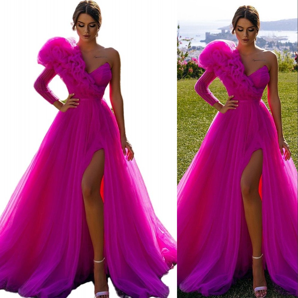 2023 Fuchsia Long Sleeve Prom Dresses One Shoulder Ruffles Tulle Beads Women A Line Evening Gowns High Side Slit Formal Special Occasion Dress