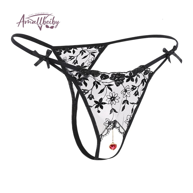 Briefs Panties Pearl Pendant Open Thongs Women Underwear Crotchless Embroidery G String Tanga Lace Transparent Sexy Lingerie 230824