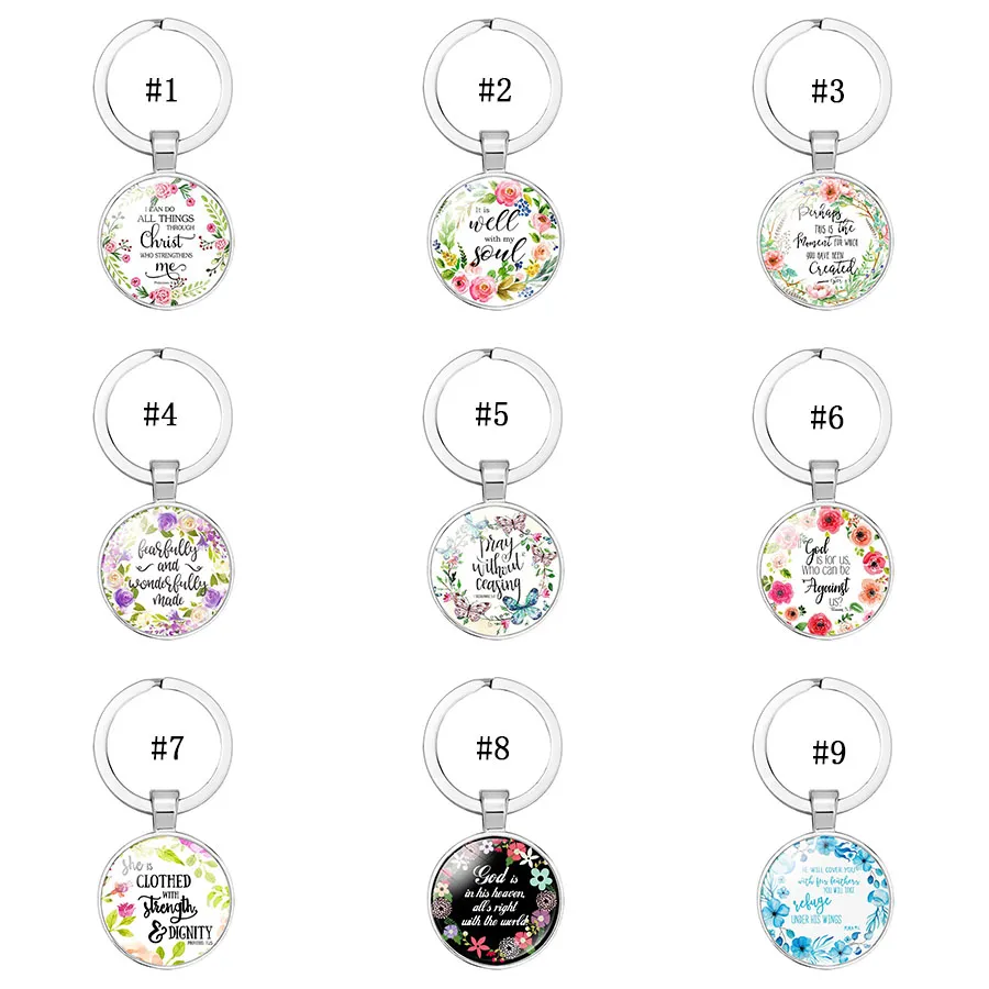 New Arrival Christian Scripture keychains Women Catholic Bible Rose Flower charm Key Ring chains For Men Fashion religion Jewelry ZZ
