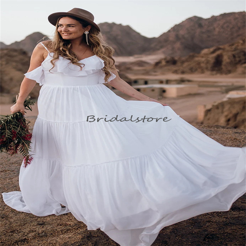 Rustic Boho Chiffon Wedding Dress Spaghetti Straps Backless Beach Bridal Gowns Floor Length Bohemian Outdoor Civil Korean Bride Robe De Mariee Vestios