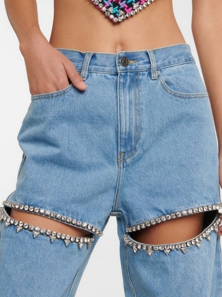 Women's Jeans Hollow Out Denim Pants High Street Diamond Studded Waist Patchwork Wide Leg Summer Flares 230824