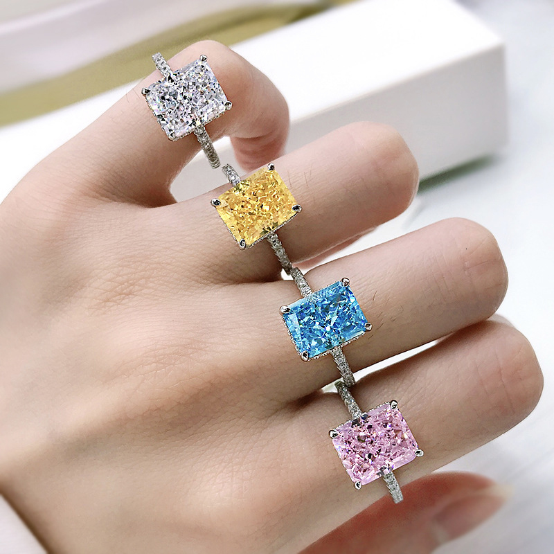 Wedding Rings OEVAS 100% 925 Sterling Silver 8*10mm Yellow Pink Aquamarine High Carbon Diamond Radiant Cut Rings For Women Party Fine Jewelry 230824