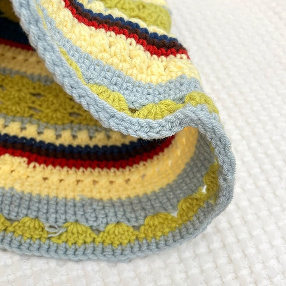 Wide Brim Hats Bucket Hats Short Brim Knitted Bucket Hat Casual Spell Colour Round Top Hand-knitted Hat Acrylic Striped Fisherman Hat Women Girls 2308