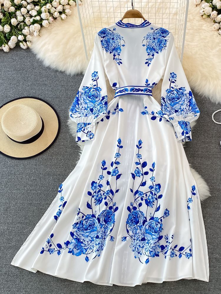 Basic Casual Dresses Fashion Blue And White Porcelain Flower Print Dres Clothing Long Lantern Sleeve Single Breasted Belt Vintage Vestidos 230824