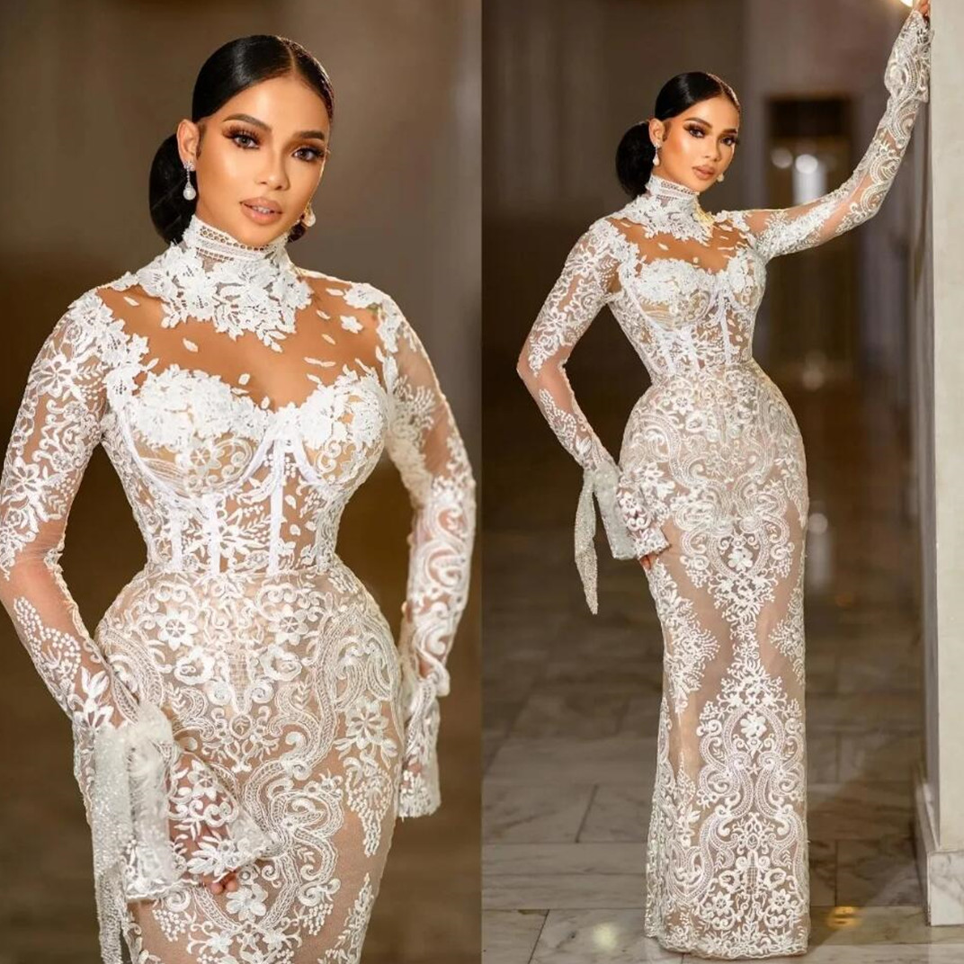 Modest High Neck Mermaid Wedding Dresses Illusion Long Sleeve Lace Appliqued Aso Ebi Arabic Bridal Gown Vestidos de novia