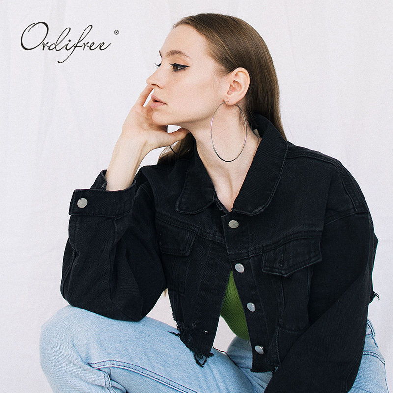 Women's Jackets Ordifree Autumn Women Denim Jacket Fashion Streetwear Casual Loose Outwear Black Short Ripped Jeans Jacket Coat Cotton 230824
