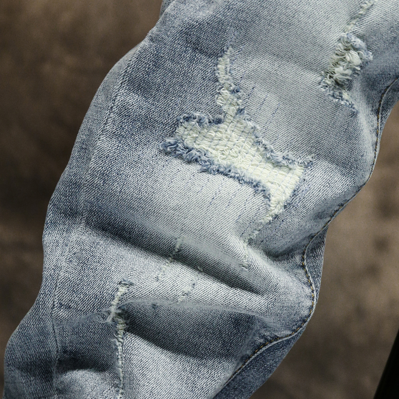 Men's Jeans Ripped Men Skinny Light Blue High Street Style Male Elasticity Slim Fit Frayed Casual Pants Trousers Biker 230824