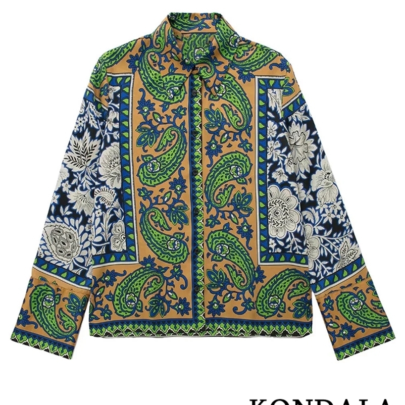 Women's Suits Blazers KONDALA Vintage Green Floral Women Suits Long Sleeve Single Button Loose Shirt and High Wasit Wide Leg Pants Boho Sets 2308