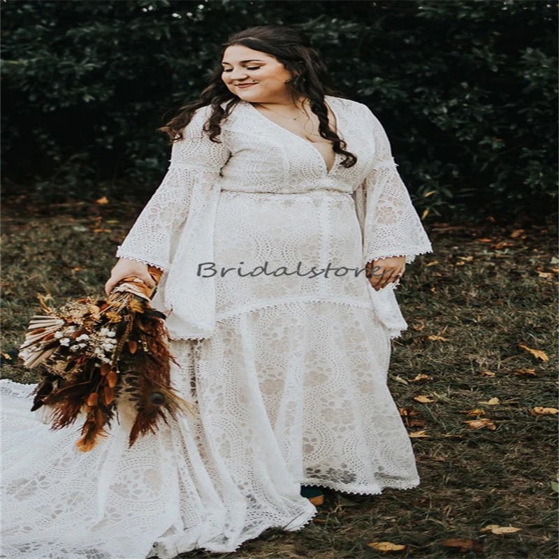 Fairy Plus Size Crochet Lace Wedding Dress Long Sleeve Full Lace Fantasy Korean Bride Dress 2023 Elegant Forest Country Bridal Robe De Mariee Vestios 